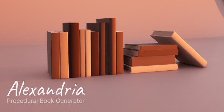A scene basking in warm, orange sunlight showing a row of books lined up next to eachother. There is text in the bottom left of the image saying: Alexandria, Procedural Book Generator 