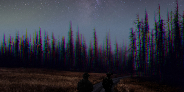 Two people in military gear are walking through a field on a dirt road heading into a forest. The trees in the forest are distorted and glitchy looking