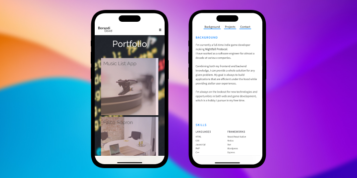 Two iPhones displaying previous iterations of a portfolio website. The background is a colorful abstract image.