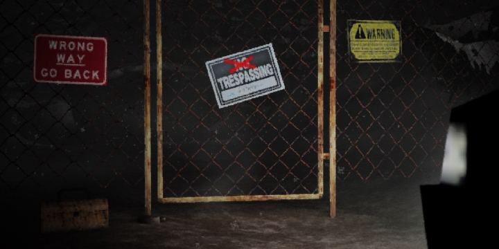 A car's headlights on the right side of the image illuminate a rusted fence with a gate. There are 2 signs on the fence and 1 on the game. The one on the left side of the fence reads 'Wrong way go back', the one the gate reads 'No Trespassing', but the No is crossed out with red paint and the last one of the right side reads 'Warning'. It's snowing and there's a slightly visible cave in the background.